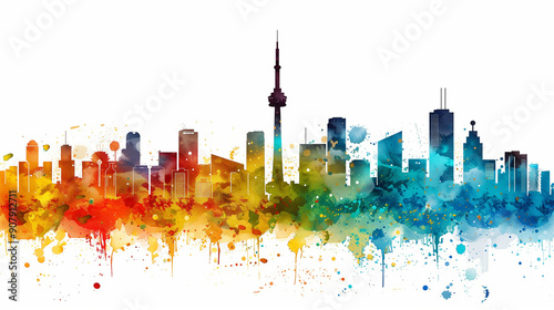 Colorful city skyline with splashes of paint.