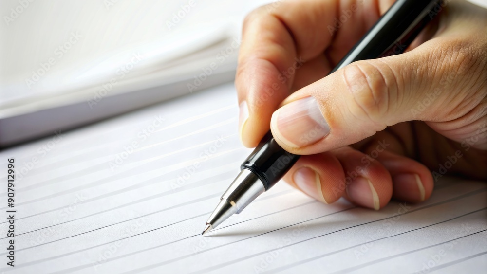 Close-up of a hand grasping a black pen, writing on lined paper against a crisp white background, showcasing precise handwriting and subtle hand movements. Close-up of a hand grasping a black pen, writing on lined paper against a crisp white background, showcasing precise handwriting and subtle hand movements.