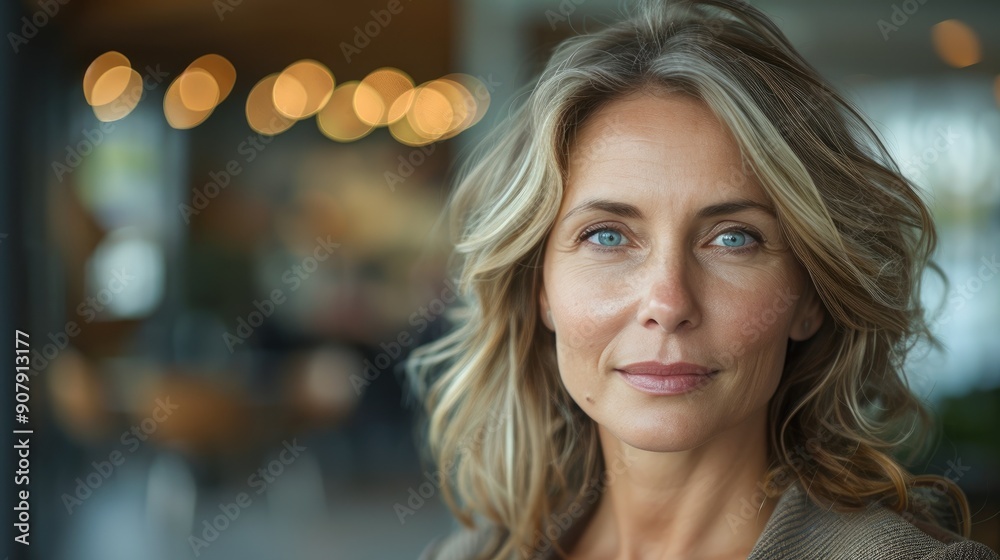 Fototapeta premium Portrait of a mature woman with blonde hair and blue eyes, looking confidently at the camera in a warmly lit indoor setting.