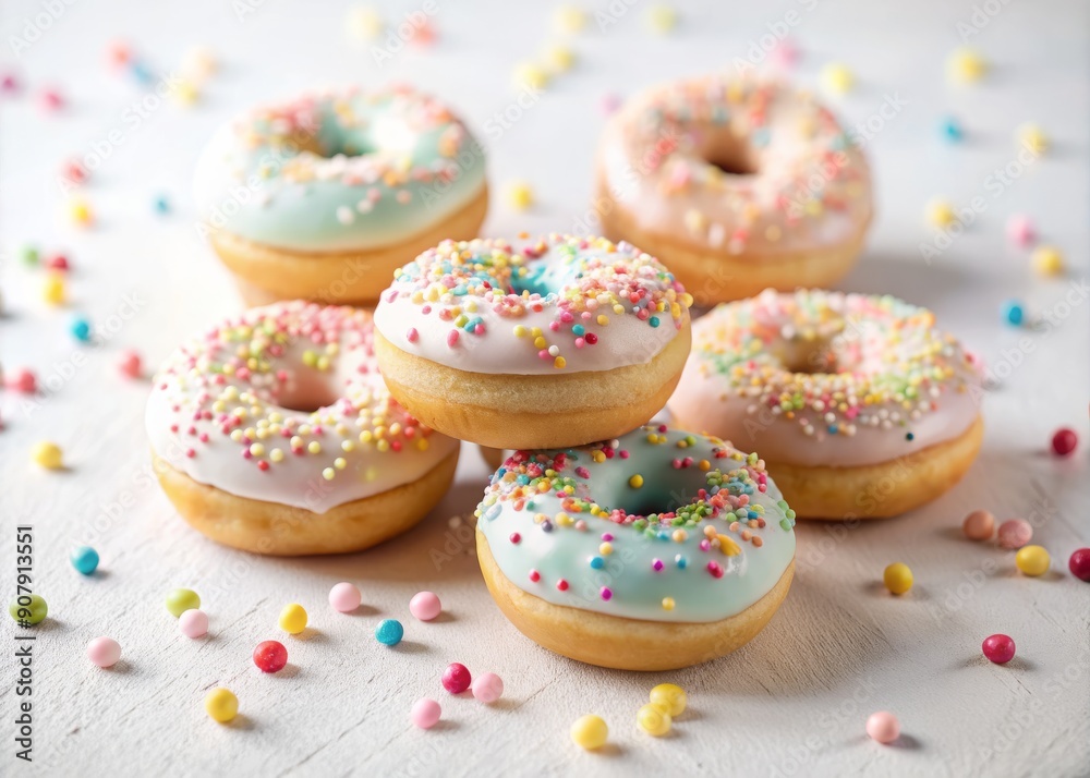 A delicate arrangement of baby donuts in pastel hues, strewn with sprinkles and nestled in a minimalist white setting, exudes playful charm and innocent sweetness. A delicate arrangement of baby donuts in pastel hues, strewn with sprinkles and nestled in a minimalist white setting, exudes playful charm and innocent sweetness.