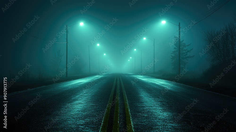 Blue dark background of the empty foggy street with wet asphalt, illuminated by a searchlight, laser beams, smoke Blue dark background of the empty foggy street with wet asphalt, illuminated by a searchlight, laser beams, smoke