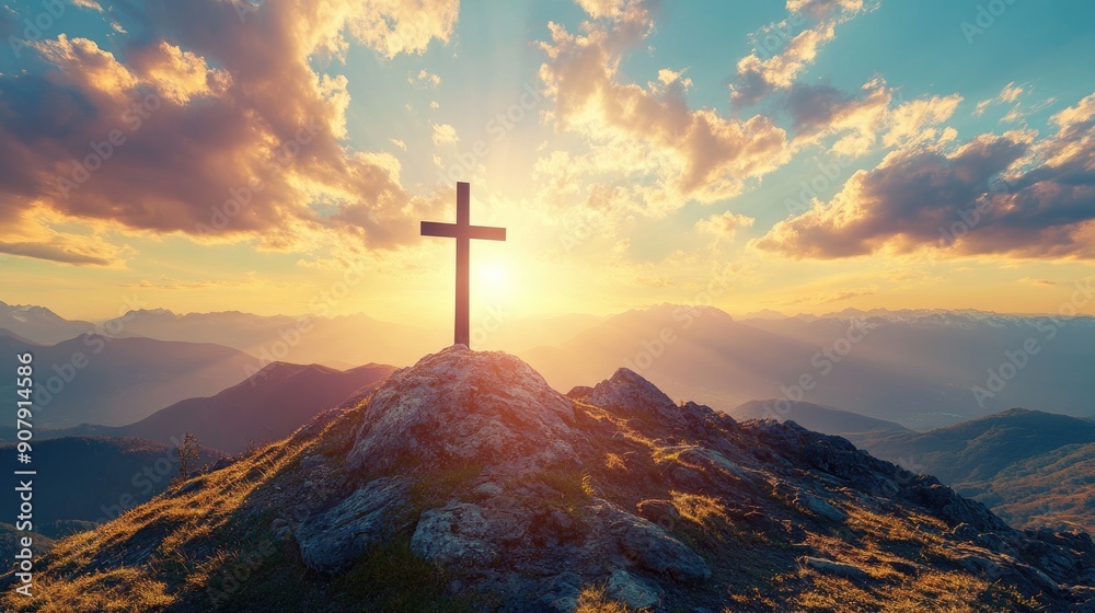 A cross on a mountain top, backlit by the sun flare. Stunning silhouette representing faith and inspiration against a breathtaking natural backdrop. A cross on a mountain top, backlit by the sun flare. Stunning silhouette representing faith and inspiration against a breathtaking natural backdrop.