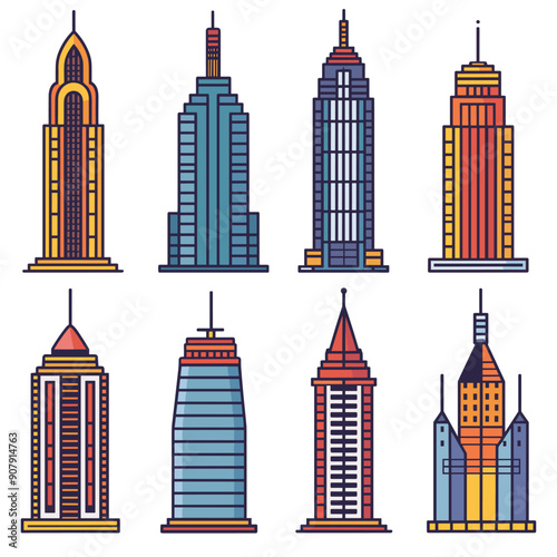 Colorful vector tall buildings various architectural styles isolated white background. Retro highrise structures cityscape urban area skyscrapers creative design. Modern skyline, clean lines