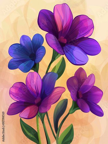 Colorful floral illustration with vibrant purple flowers and green leaves on a warm background.