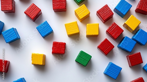 Colorful Building Blocks Scattered on White Background