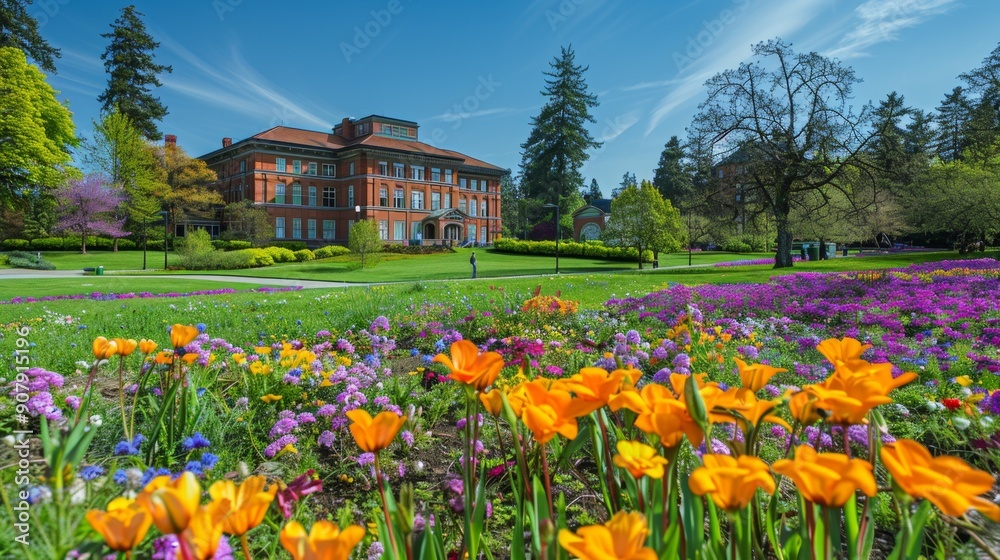 Spring Flowers Blooming in Front of a College Building. Spring Flowers Blooming in Front of a College Building.
