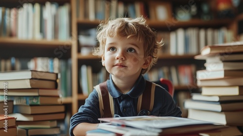 Curious young child surrounded by stacks of books in a cozy library setting, eyes wide with wonder as they explore the world of literature and learning.