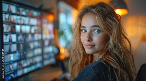 Young woman with long hair smiling while working on computer with multiple screens in cozy, dimly lit home office setting.