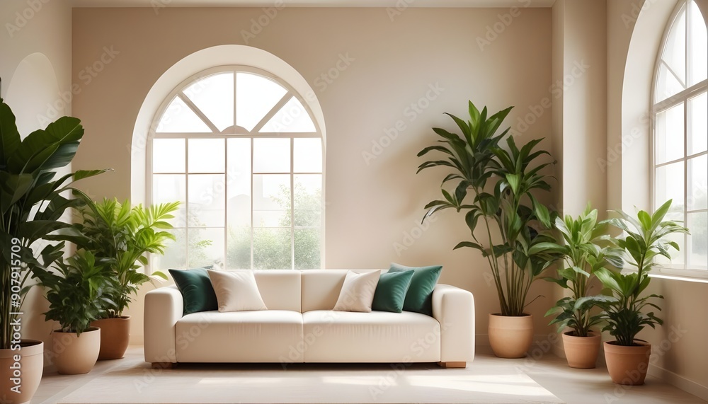In a minimalist home interior design of a modern living room, a white sofa is accompanied by potted houseplants near an arched window, adjacent to a beige wall with ample copy space In a minimalist home interior design of a modern living room, a white sofa is accompanied by potted houseplants near an arched window, adjacent to a beige wall with ample copy space