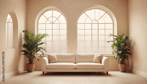 In a minimalist home interior design of a modern living room, a white sofa is accompanied by potted houseplants near an arched window, adjacent to a beige wall with ample copy space © LetsRock