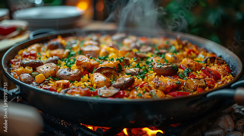 Aigenerated image of a flavorful Spanish paella enriched with wild mushrooms a specialty from Valencia Spain This dish is celebrated at communal events like birthday celebrations and product launches photo