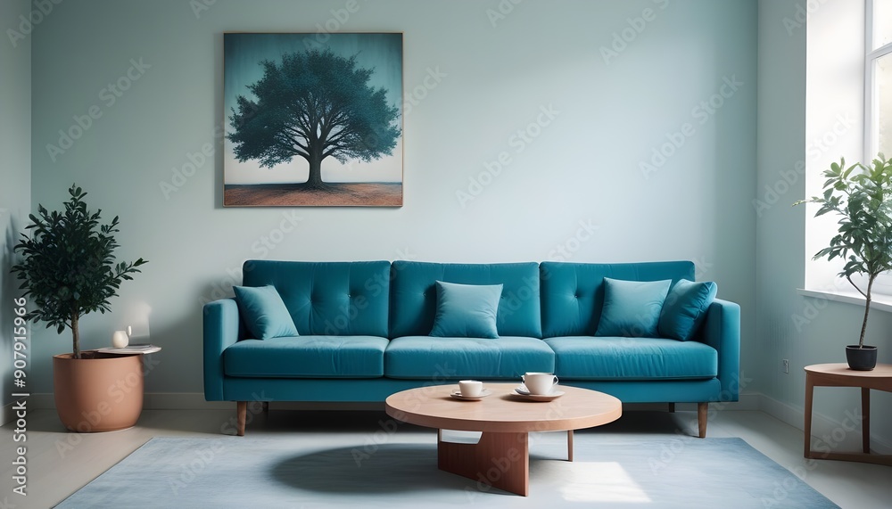 A minimalist home interior design of a modern living room features a blue corner sofa and coffee table against a wall with a tree cross-section A minimalist home interior design of a modern living room features a blue corner sofa and coffee table against a wall with a tree cross-section
