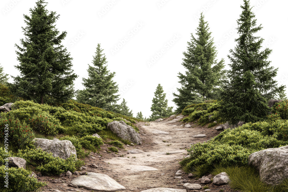 A winding trail leads through lush vegetation and towering pine trees, creating a peaceful atmosphere in a foggy landscape A winding trail leads through lush vegetation and towering pine trees, creating a peaceful atmosphere in a foggy landscape