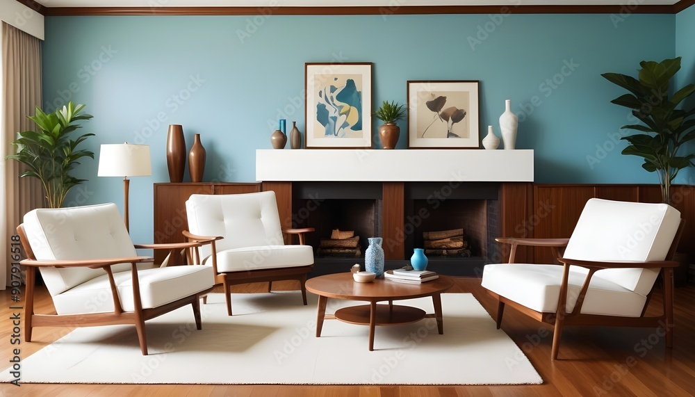 A mid-century style home interior design of a modern living room showcases a white sofa and brown leather armchairs A mid-century style home interior design of a modern living room showcases a white sofa and brown leather armchairs