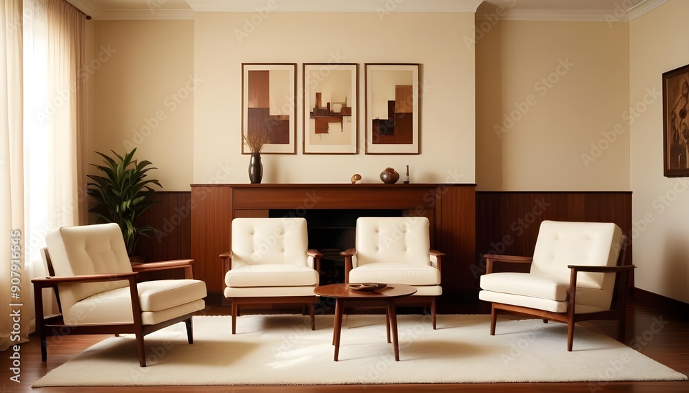 A mid-century style home interior design of a modern living room showcases a white sofa and brown leather armchairs A mid-century style home interior design of a modern living room showcases a white sofa and brown leather armchairs