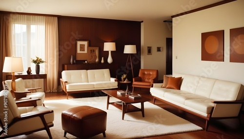 A mid-century style home interior design of a modern living room showcases a white sofa and brown leather armchairs