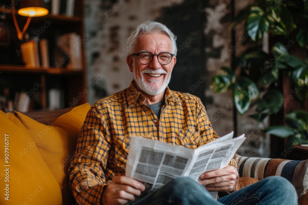 A cheerful elderly man holds a newspaper while sitting comfortably in a warm, inviting living room filled with plants A cheerful elderly man holds a newspaper while sitting comfortably in a warm, inviting living room filled with plants