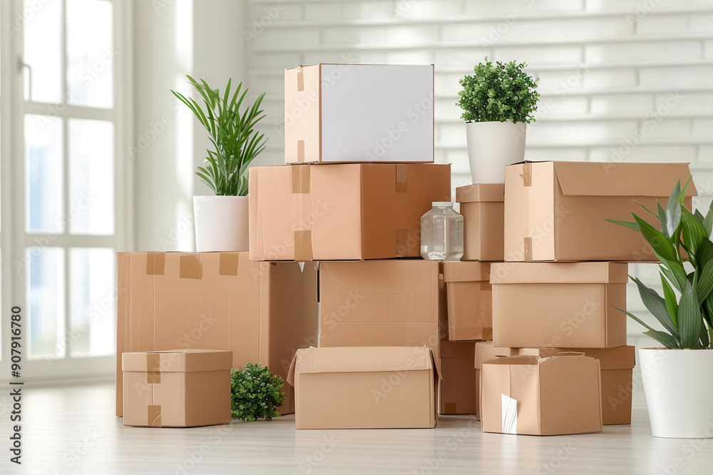 Family packing boxes, financial impact, copy space for text Family packing boxes, financial impact, copy space for text