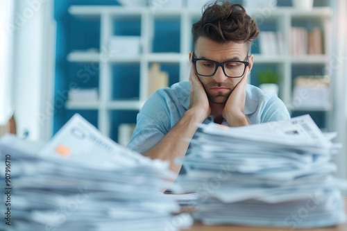 Man looking at a mountain of unpaid bills, financial collapse, overwhelming debt, copy space for text