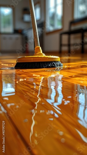 Mop cleaning a polished hardwood floor, reflecting light.  photo