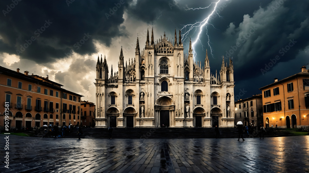 Dramatic Lighting Strikes Over Historic Cathedral in Stormy Night Sky Dramatic Lighting Strikes Over Historic Cathedral in Stormy Night Sky