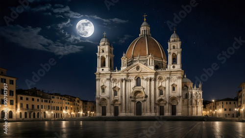 Majestic Cathedral Illuminated by Moonlight in Quiet European Square at Night