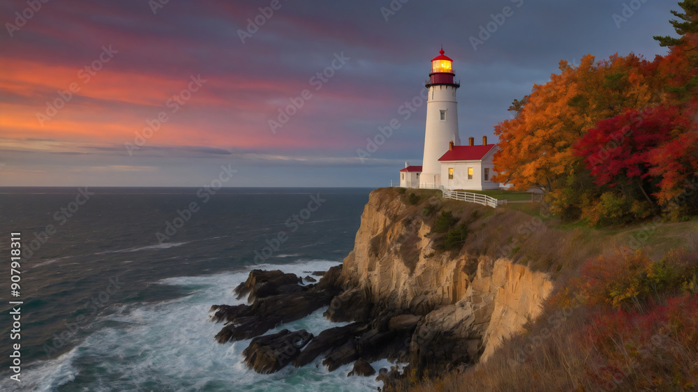 Majestic Lighthouse Overlooking Rocky Coastline at Sunset With Colorful Autumn Foliage Majestic Lighthouse Overlooking Rocky Coastline at Sunset With Colorful Autumn Foliage
