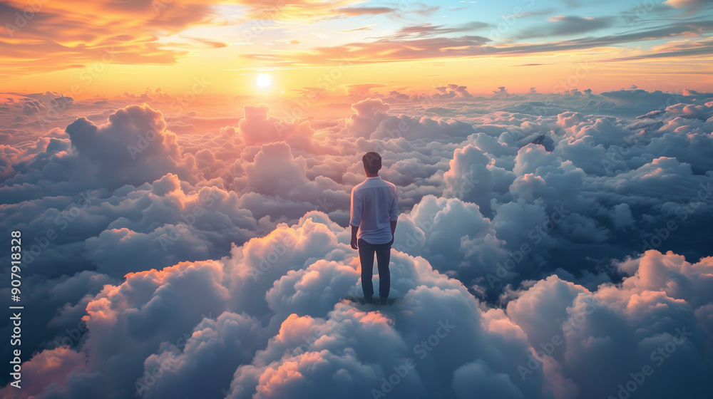 Young businessman walking in clouds. A man is walking on a path in the ...