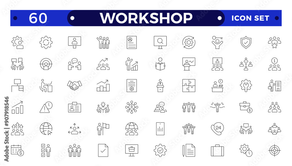 Workshop icon set. Containing team building, collaboration, teamwork, coaching, problem-solving and education icons. Set of line icons related to training, mentoring, meeting Outline icon collection. Workshop icon set. Containing team building, collaboration, teamwork, coaching, problem-solving and education icons. Set of line icons related to training, mentoring, meeting Outline icon collection.