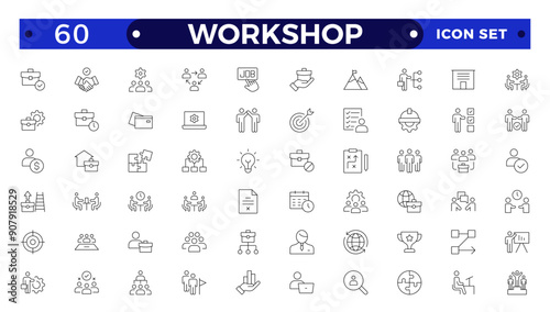 Workshop icon set. Containing team building, collaboration, teamwork, coaching, problem-solving and education icons. Set of line icons related to training, mentoring, meeting Outline icon collection.