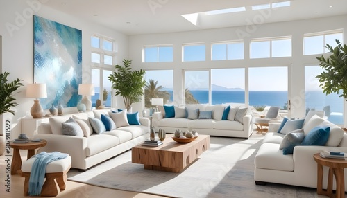 Mediterranean style is prominent in the home interior design of a modern living room with a sea view