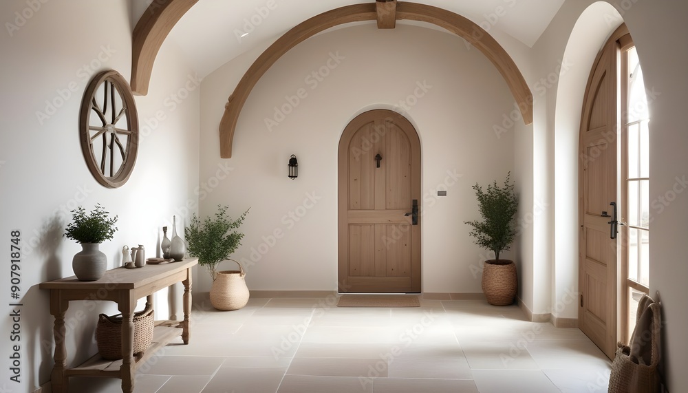 A Mediterranean style hallway with an arched door contributes to the interior design of a modern rustic entrance hall in a farmhouse A Mediterranean style hallway with an arched door contributes to the interior design of a modern rustic entrance hall in a farmhouse