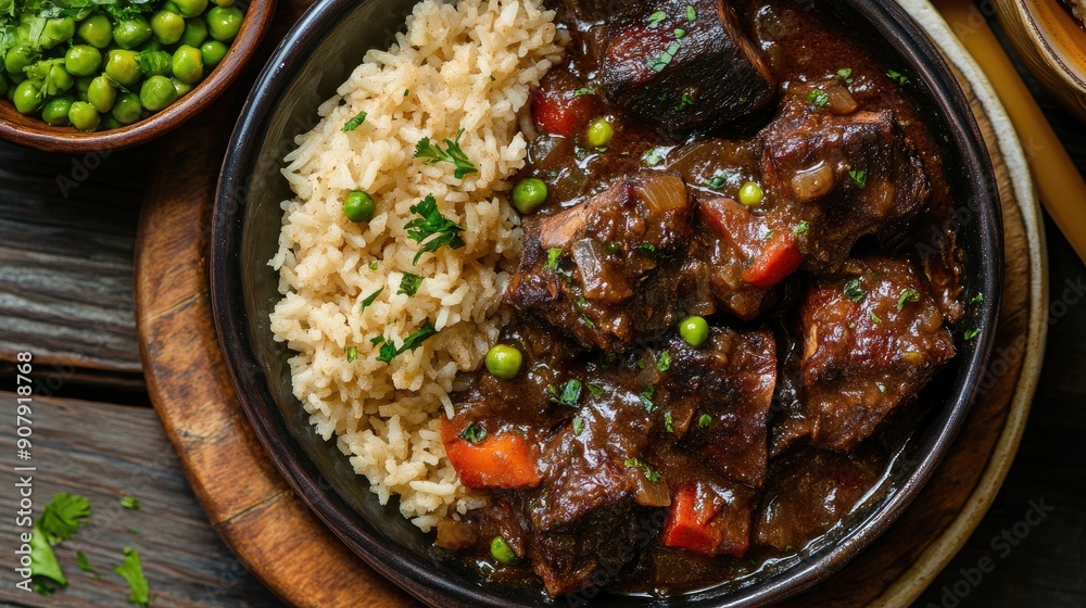 Top view of a flavorful Jamaican oxtail stew with rice and peas, perfect for a hearty food display. Top view of a flavorful Jamaican oxtail stew with rice and peas, perfect for a hearty food display.