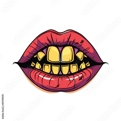 Shiny golden teeth set bright red lips, depicting stylish, bold glamorous look. Illustration showing closeup detailed lips fierce expression. Cartoonish lips image sparkling gold grills vibrant