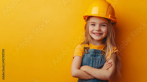 Smiling child wearing construction helmet against yellow background.