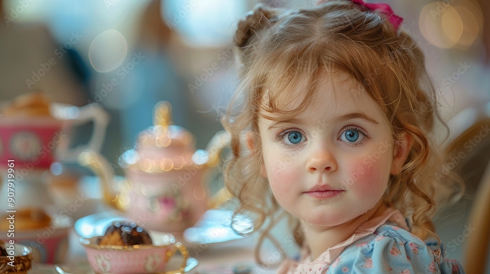 A young child engaged in a pretend tea party with a doll and miniature tea set, fostering imaginative and social play.