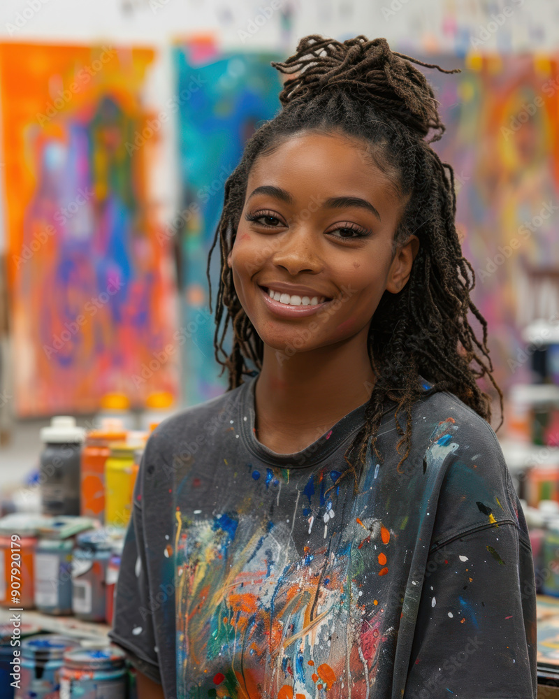 Smiling young artist in a colorful studio with vibrant paintings in the background
Smiling young artist in a colorful studio with vibrant paintings in the background