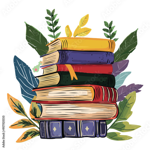 Colorful stacked books surrounded green, yellow, purple leaves, foliage overlay, vibrant embroidered book covers. Vintage literature pile, bookmarks, botanical design, stylized foliage, unique book