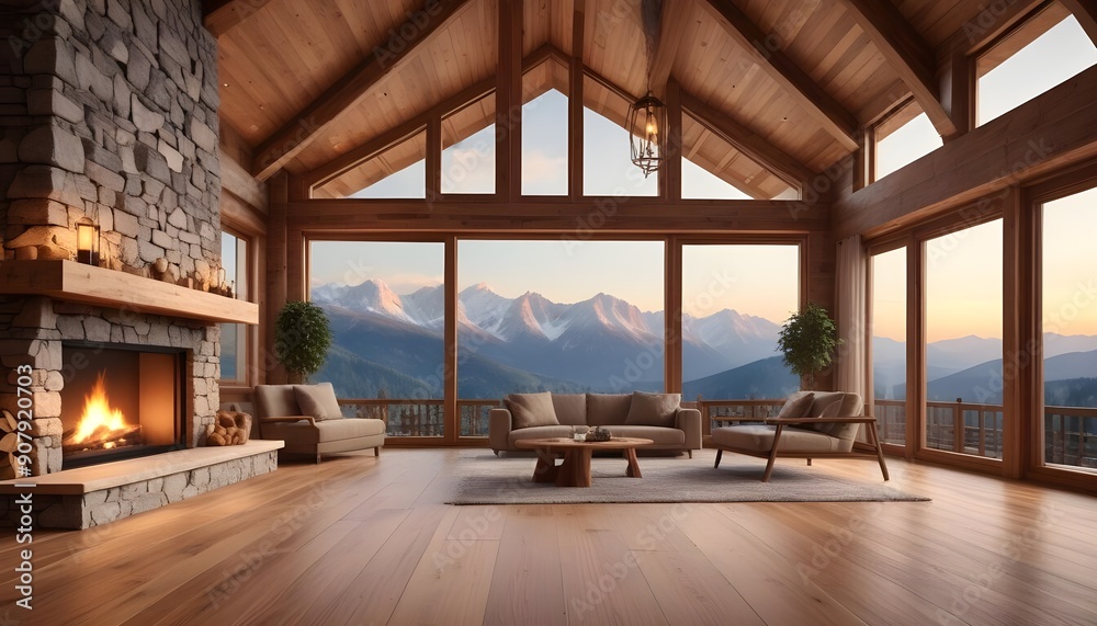 Obraz premium Luxurious wooden chalet featuring a fireplace Interior design for a modern living room with a mountain view