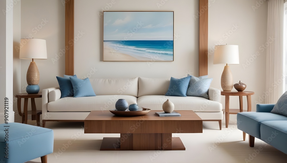 Luxurious coastal-style interior design for a modern living room in a seaside house Luxurious coastal-style interior design for a modern living room in a seaside house