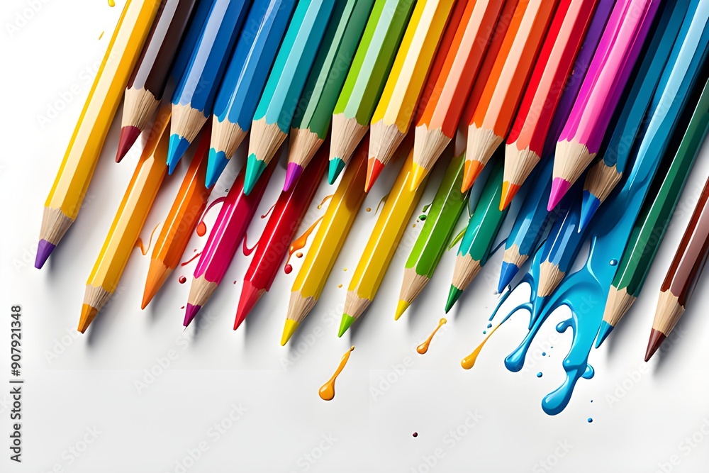 Fototapeta premium A row of sharpened colored pencils lies on a white surface, with shavings scattered on either side. The pencils are arranged in a line, with their points facing forward. The pencils are a variety.