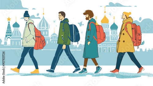 Travelers exploring Russian city landmarks, casual winter attire, urban outdoor setting, male female adults. Four characters backpacks, walking side side, unique hair clothing styles, casual winter