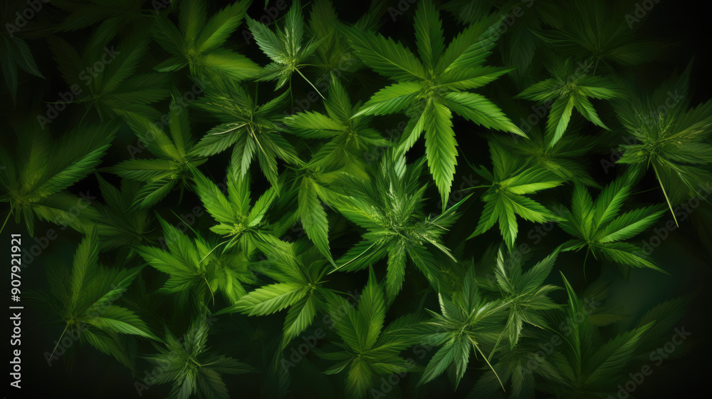 Fototapeta premium generated illustration of high angle view of marijuana leaves with copy space