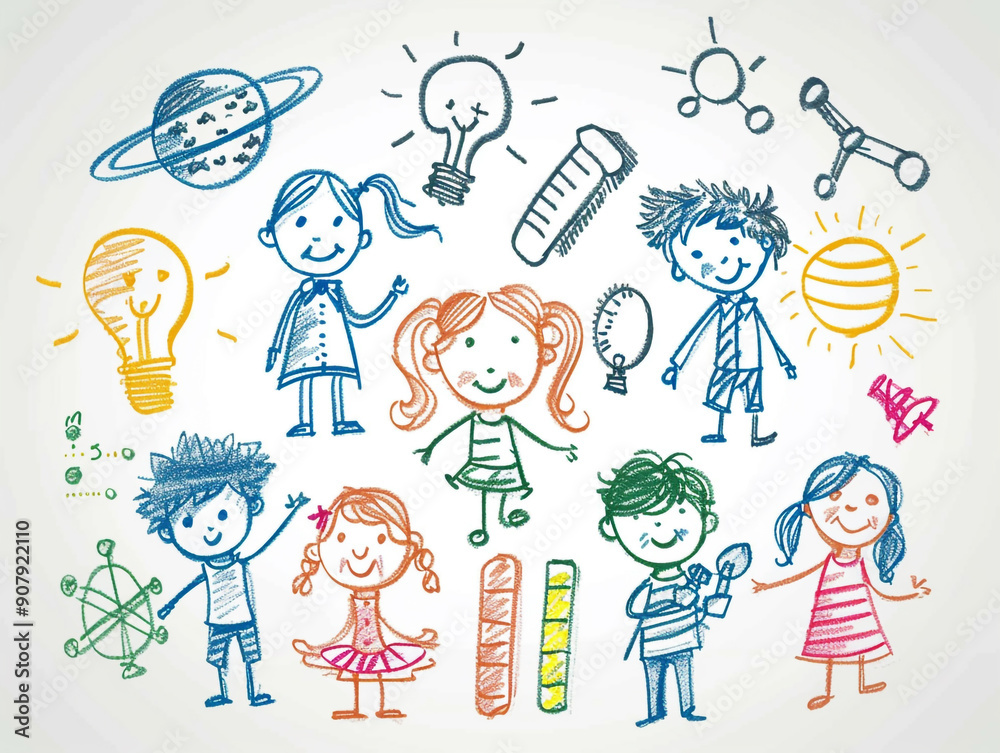 A children's drawing of a joyful science subject exploration with a white background. A children's drawing of a joyful science subject exploration with a white background.