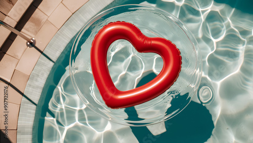 heart-shaped inflatable circle in a pool of azure blue water