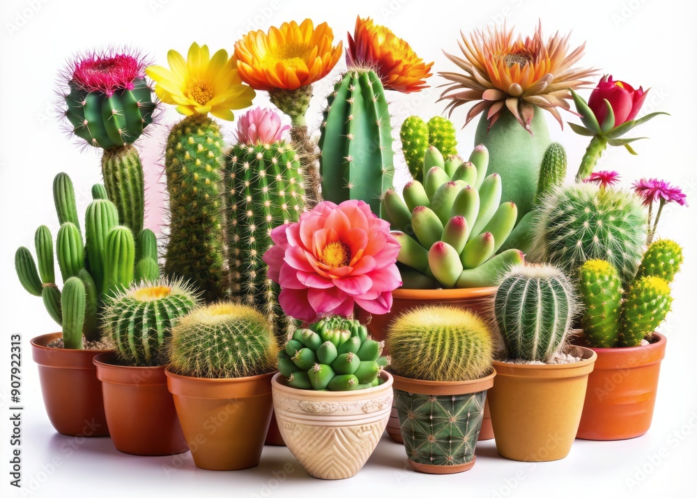 Vibrant set of isolated cactus flowers and succulent plants in pots on a pure white transparent background, showcasing lush greenery and delicate blooms in high detail.