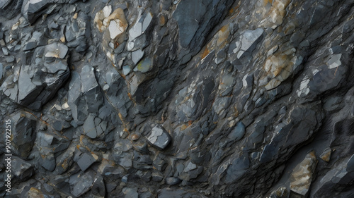 Ancient Echoes: A tapestry of time and pressure, this rugged cliff face reveals layers of dark gray shale and glistening quartz, a testament to nature's enduring power. 