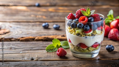 Fresh mixed berries and crunchy muesli adorn a creamy yogurt parfait in a transparent glass, beautifully arranged on a rustic wooden table setting. photo