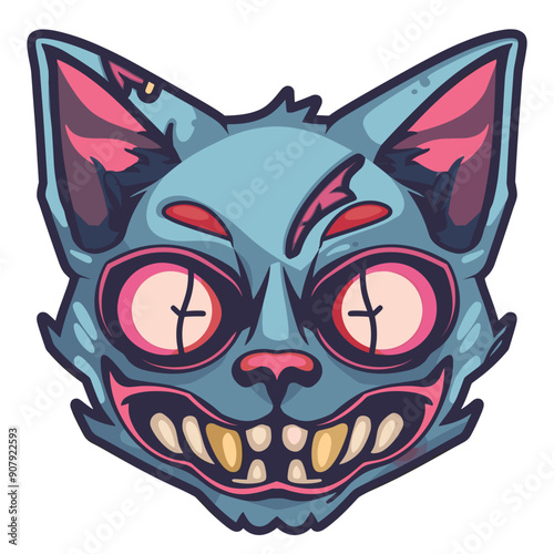 Cartoon cats zombified face grinning widely isolated white background. Horrorthemed creepy cat illustration sharp teeth bulging eyes worn fur. Halloween scary spooky feline vector drawing