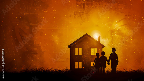 Silhouette of happy family with two children inside a house, sun rays through the roof.